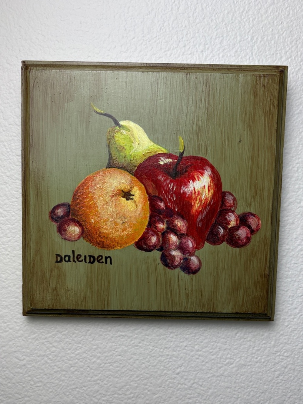 Vintage MCM Fruit Still Life Signed Wood Plaque Art 7.25"